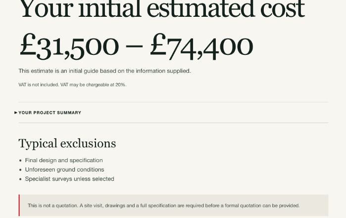 Initial cost guide screen final estimate
